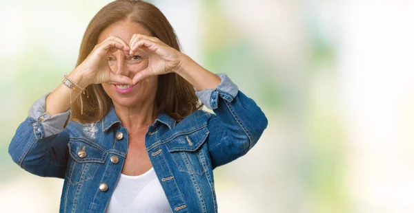 Mulher Meia Idade Bonita Vestindo Jaqueta Ganga Casual Sobre Fundo — Fotografia de Stock