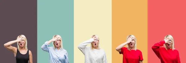 Коллаж Красивой Блондинки Винтажном Изолированном Фоне Подглядывая Шокирующие Закрывающие Лицо — стоковое фото