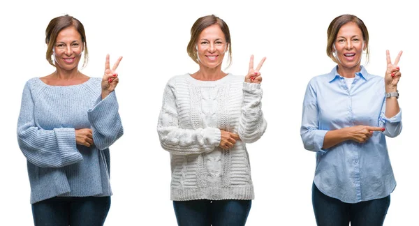 Collage Van Middelbare Leeftijd Latino Vrouw Geïsoleerde Achtergrond Glimlachend Met — Stockfoto