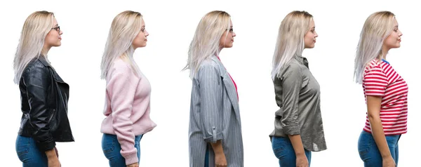 Collage Van Mooie Blonde Jonge Vrouw Geïsoleerd Achtergrond Zoek Naar — Stockfoto