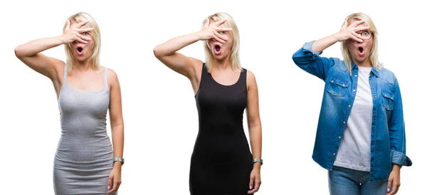 Collage Vacker Blond Kvinna Över Isolerade Bakgrund Kikar Chock Som — Stockfoto