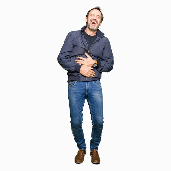 Middle Age Handsome Man Wearing Jacket Smiling Laughing Hard Out — Stock Photo, Image