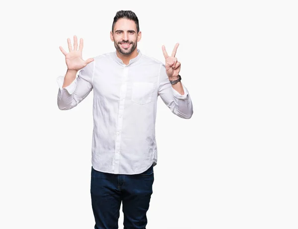 Mladý Podnikatel Izolované Pozadí Zobrazení Ukázal Prsty Číslo Sedm Zároveň — Stock fotografie