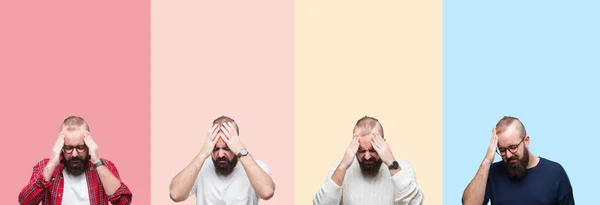Collage Van Jonge Man Met Baard Kleurrijke Strepen Geïsoleerd Achtergrond — Stockfoto