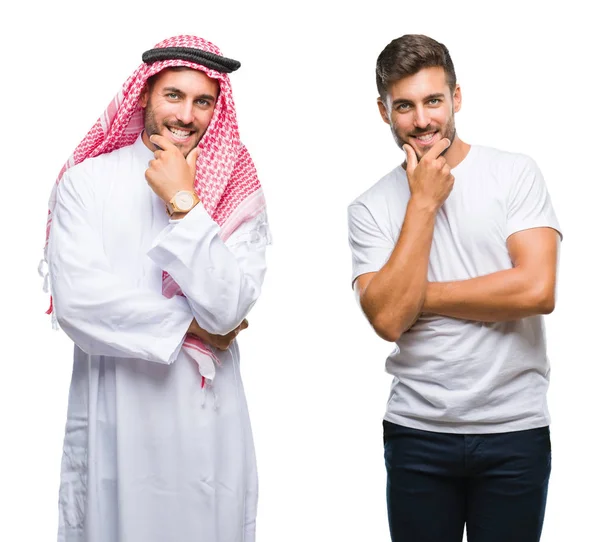 ハンサムな若い男と組んだ腕と手をあごに上げた笑顔でカメラに自信を持って探して孤立の背景上のアラブ人のコラージュ 前向きに考えてください — ストック写真