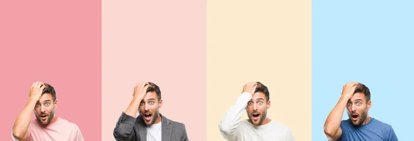 Collage Stilig Ung Man Över Färgglada Ränder Isolerade Bakgrund Förvånad — Stockfoto