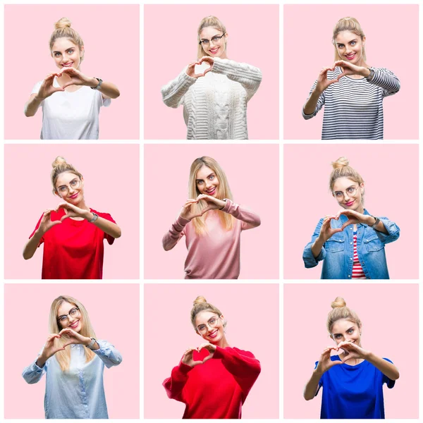 Collage Einer Jungen Schönen Blonden Frau Vor Rosa Isoliertem Hintergrund — Stockfoto