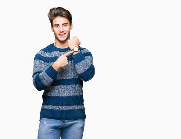 Joven Guapo Hombre Sobre Aislado Fondo Prisa Apuntando Ver Tiempo — Foto de Stock