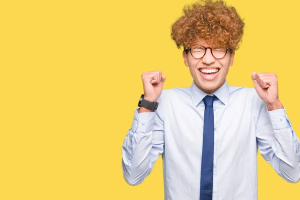 Young Handsome Business Man Afro Wearing Glasses Excited Success Arms — Stock Photo, Image