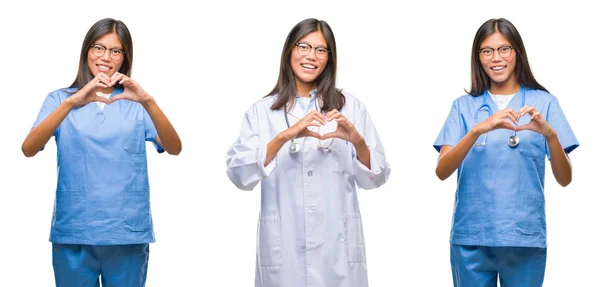 ハートマークと手で形を示す愛の笑みを浮かべて白い分離背景の上に立ってアジアの若い外科医医師や看護師の女性のコラージュ ロマンチックな概念 — ストック写真