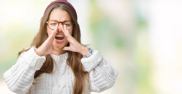 Junge Schöne Brünette Hipster Frau Mit Brille Und Wintermütze Über — Stockfoto