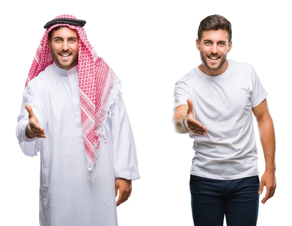 Koláž Pohledný Mladík Arabské Muže Izolované Pozadí Úsměvem Přátelskou Nabídku — Stock fotografie