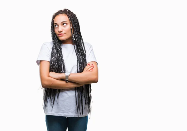 Młody Pleciony Włosy Afroamerykanów Dziewczyna Białym Tle Uśmiechnięty Patrząc Boku — Zdjęcie stockowe