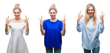 Kolaj genç güzel sarışın kadının deli ifade rock simge elle yapıyor ile bağırarak izole arka plan üzerinde. Müzik yıldızı. Ağır kavramı.