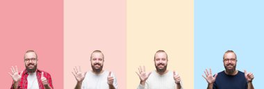 Kolaj üzerinde gösterilen ve parmakları ile işaret renkli çizgili izole arka plan sakallı genç adamın kendinden emin ve mutlu gülümseyerek süre 6 numara.