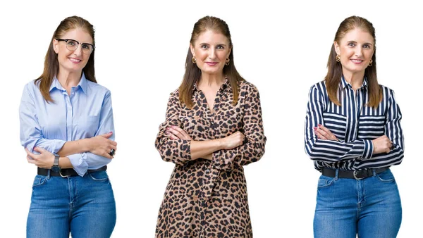 Collage Vackra Medelålders Kvinna Över Isolerade Bakgrund Glada Ansikte Ler — Stockfoto