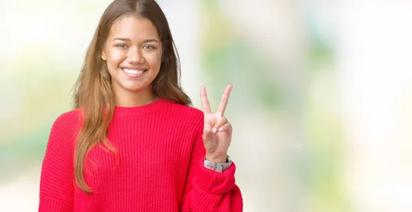 Giovane Bella Donna Bruna Che Indossa Maglione Invernale Rosso Sfondo — Foto Stock