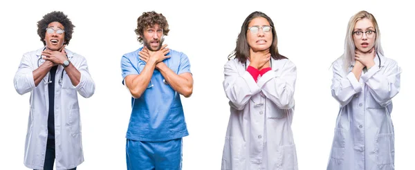 Collage Group Doctor Nurse Surgeon People Isolated Background Shouting Suffocate — Stock Photo, Image
