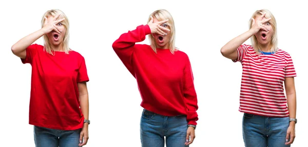 Collage Vacker Blond Kvinna Bär Casual Röd Över Isolerade Bakgrund — Stockfoto