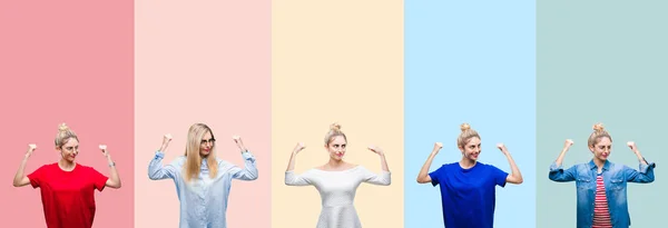 Collage Van Mooie Blonde Vrouw Kleurrijke Strepen Geïsoleerd Achtergrond Armen — Stockfoto