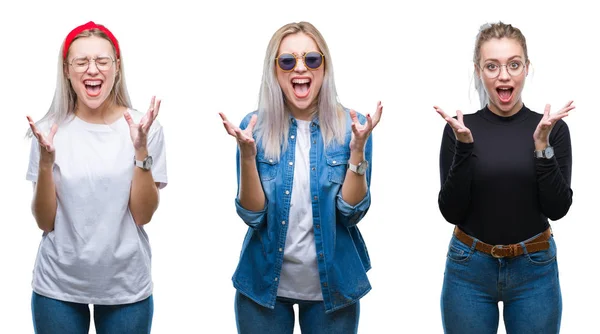 Collage Einer Schönen Blonden Jungen Frau Mit Brille Vor Isoliertem — Stockfoto