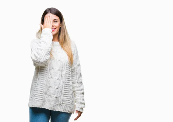 Giovane Bella Donna Casual Maglione Bianco Sfondo Isolato Che Copre — Foto Stock