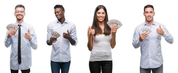 Collage Van Groep Team Van Werknemers Houdt Bankbiljetten Dollars Geïsoleerd — Stockfoto