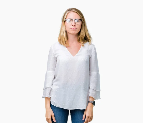 Beautiful Young Woman Wearing Glasses Isolated Background Serious Expression Face — Stock Photo, Image