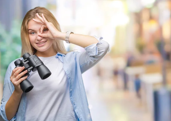 Young Caucasian Woman Holding Binoculars Isolated Background Happy Face Smiling — Stock Photo, Image