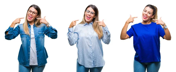 Colagem Jovem Mulher Bonita Vestindo Óculos Sobre Fundo Isolado Sorrindo — Fotografia de Stock