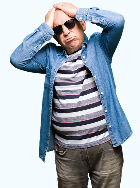 Handsome Senior Man Wearing Denim Jacket Sunglasses Suffering Headache Desperate — Stock Photo, Image