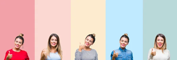 Collage Van Jonge Mooie Vrouw Geïsoleerde Achtergrond Kleurrijke Vintage Strepen — Stockfoto