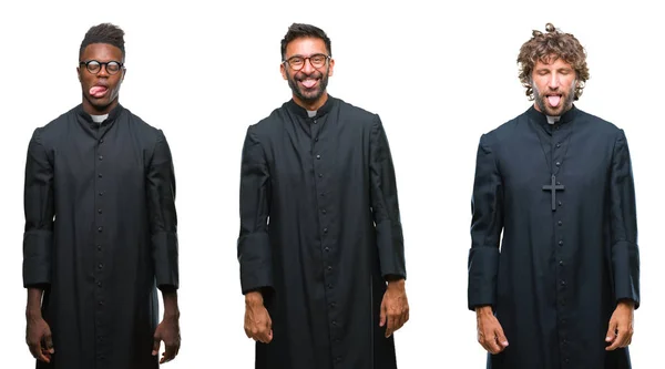 Collage Hombres Sacerdotes Cristianos Sobre Fondo Aislado Sacando Lengua Feliz —  Fotos de Stock