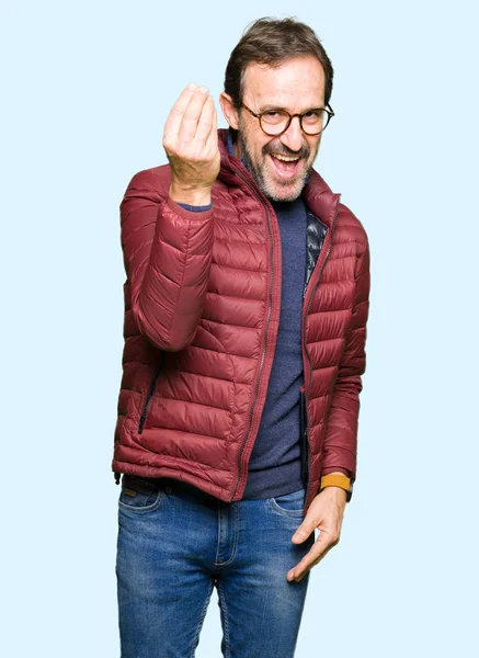 Middle Age Handsome Man Wearing Glasses Winter Coat Doing Italian — Stock Photo, Image