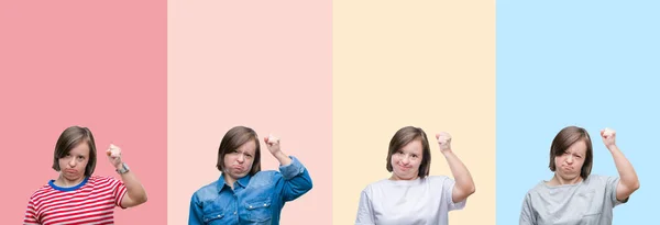 Collage Van Syndroom Vrouw Kleurrijke Strepen Geïsoleerd Achtergrond Boos Gekke — Stockfoto