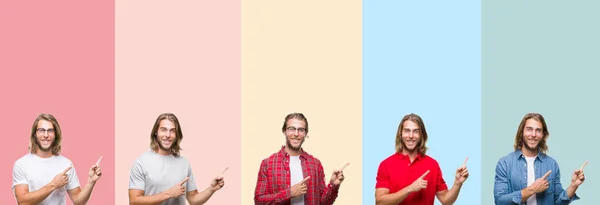 Collage Young Handsome Man Colorful Stripes Isolated Background Smiling Looking — Stock Photo, Image
