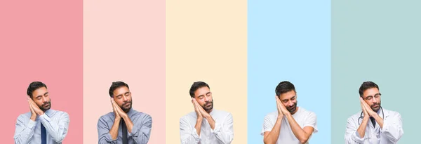 Colagem Homem Bonito Sobre Listras Coloridas Fundo Isolado Dormindo Cansado — Fotografia de Stock