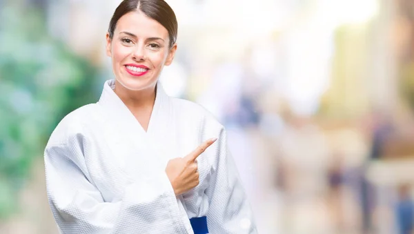 Young Beautiful Woman Wearing Karate Kimono Uniform Isolated Background Cheerful — Stock Photo, Image