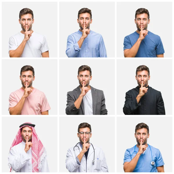 Collage of young doctor arab business man isolated background asking to be quiet with finger on lips. Silence and secret concept.