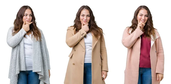 Collage Beautiful Size Woman Wearing Winter Jacket Isolated Background Looking — Stock Photo, Image