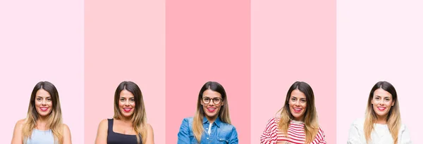 Колаж Молодої Красивої Жінки Над Рожевими Смугами Ізольований Фон Щасливе — стокове фото