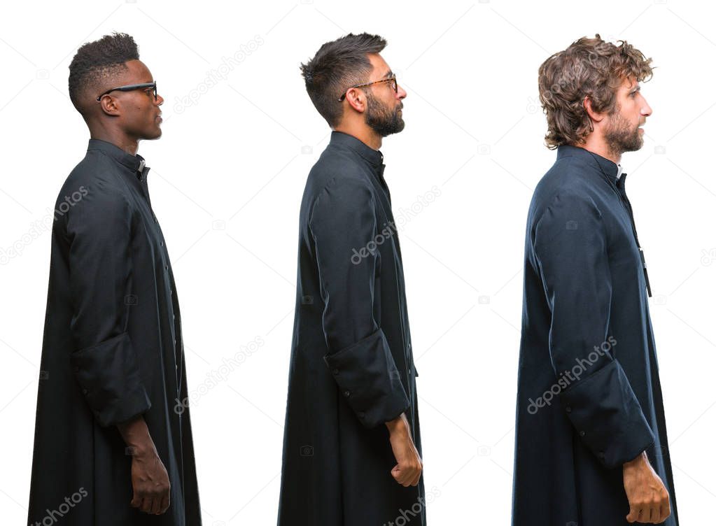 Collage of christian priest men over isolated background looking to side, relax profile pose with natural face with confident smile.