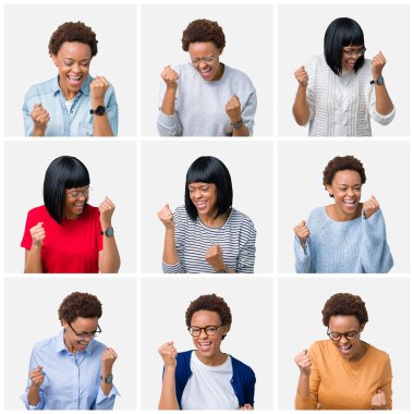 Gülümseyen ve başarı için çığlık genç Afro-Amerikan kadın izole arka plan çok mutlu ve heyecanlı kaldırdı, silah ile kazanan jest yapıyor üzerinde afro saçlı. Kutlama kavramı.