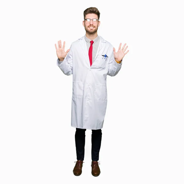 Young Handsome Scientist Man Wearing Glasses Showing Pointing Fingers Number — Stock Photo, Image