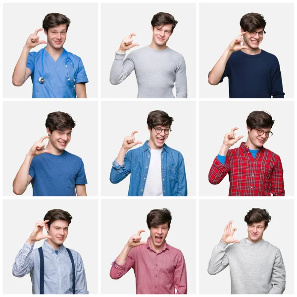 Collage Van Jonge Man Witte Geïsoleerd Achtergrond Glimlachend Vertrouwen Gebaren — Stockfoto