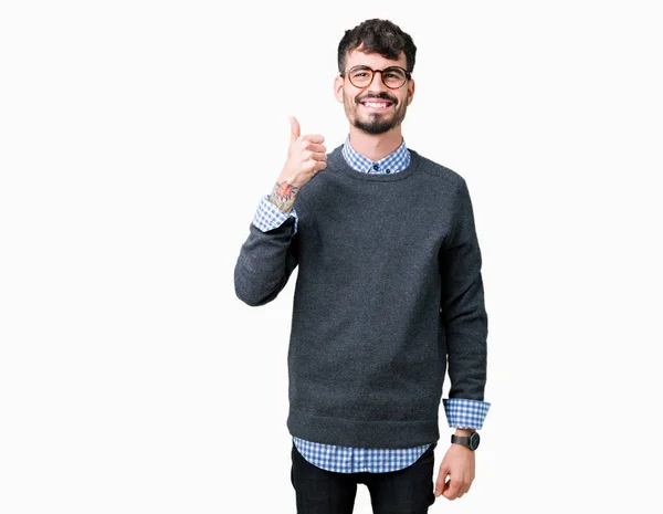 Joven Hombre Inteligente Guapo Con Gafas Sobre Fondo Aislado Haciendo — Foto de Stock