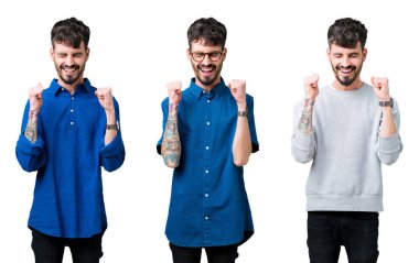 Zafer kutluyor gülümseyen izole arka kolları olan başarı için heyecanlı genç adam kolaj kaldırdı. Kazanan kavramı.