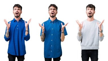 Kolaj izole arka plan çılgın ve kızgın bağırarak ve agresif ifade ve silah kaldırdı bağırmaya genç adam. Hayal kırıklığı kavramı.