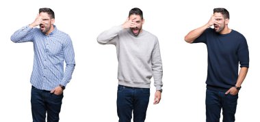 Beyaz izole arka plan üzerinde yakışıklı iş adamı kolaj yüz ve gözleri el ile kapsayan şok, utanmış ifade ile parmaklar bakarak.