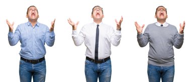 Arap orta yaş erkek izole arka plan çılgın ve kızgın bağırarak ve agresif ifade ve silah kaldırdı bağırmaya bileşimi. Hayal kırıklığı kavramı.